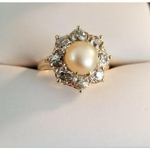 14k Yellow Gold Ring Pearl & Old Mine Cut Diamonds Bartham Celebrity Owned JS54
